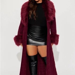 Fashion Nova Burgundy Faux Fur Sweater Coat